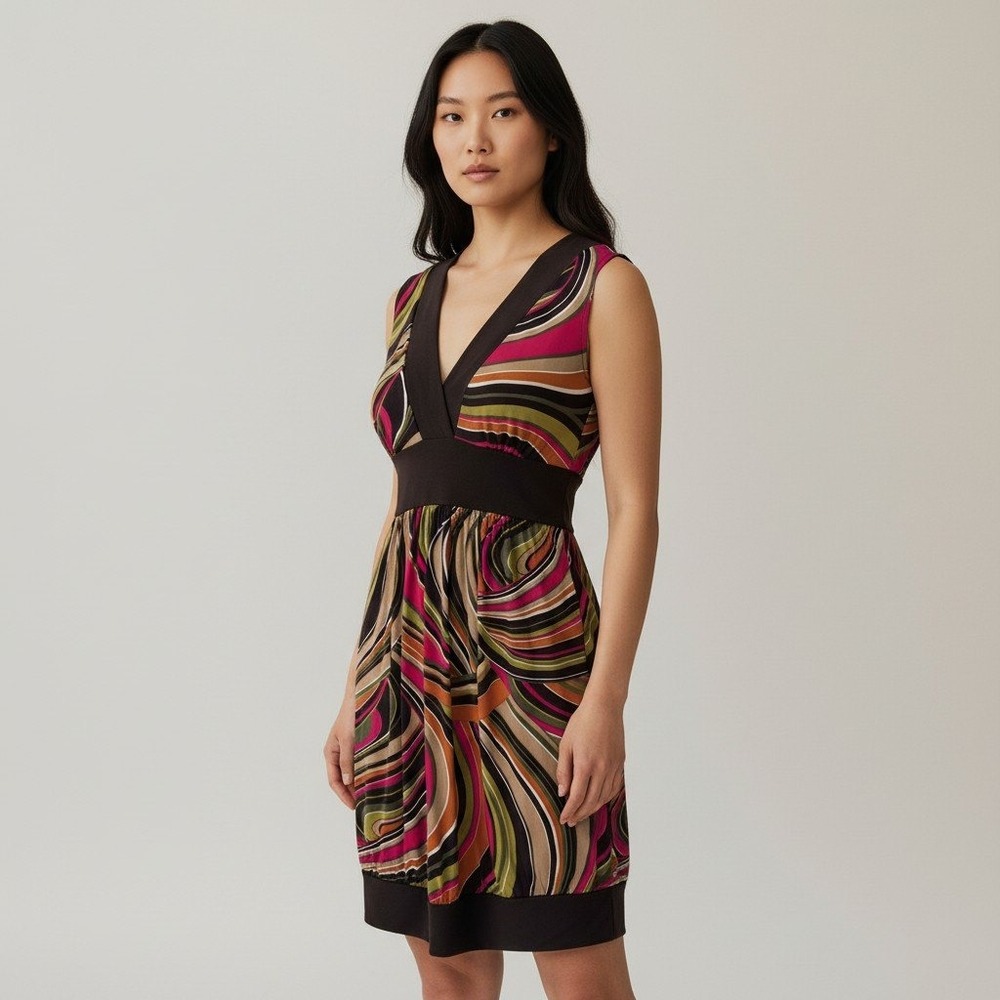 IZ Byer California Womens Y2K Babydoll  Abstract Retro Belted Dress Brown Size M